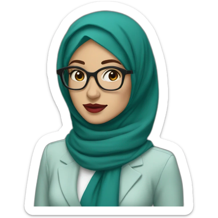 Hijabi white woman with glasses and brown eyes wearing a teal suit red lipstick sticker