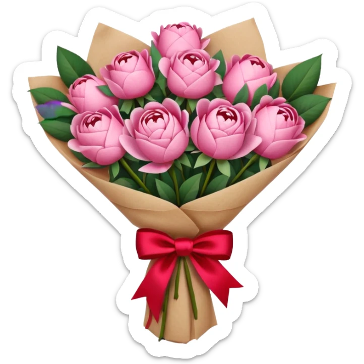 Bouquet of pink flower like rose and peony wrapped in kraft paper with red bow sticker