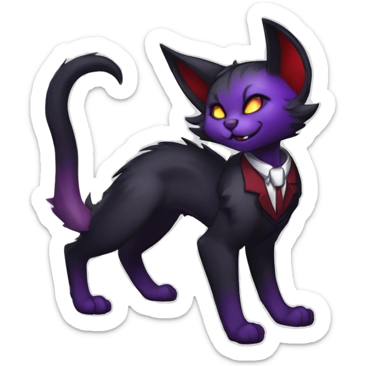 Anthro-Cute-Edgy-Vampiric-Batty-Cat-Black-Purple-Red-Grey-White-Yellow-Contrast-Colors-Fantasy-Fur-Sona-Chibi-Shiny-Fakémon-Hybrid with horns and big fangs, neck tie, leg spats full body sticker