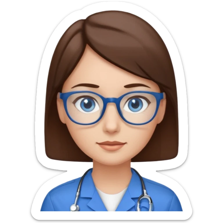 Blue eyes very short brown hair with glasses woman in care assistant blue uniform sticker