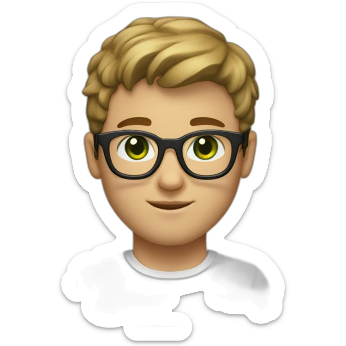 a boy with light brown hair, short on the sides and a little longer on top, round black glasses, a short beard. green eyes and hump on the nose. sticker