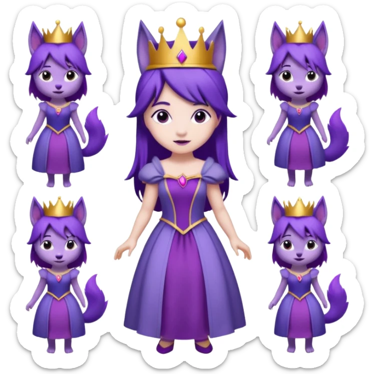  a cute princess wearing a purple dress and crown with purple hair and purple wolf ears and purple wolf tail character. Each square shows the character doing different actions against a white background And make a gap between each illusion sticker