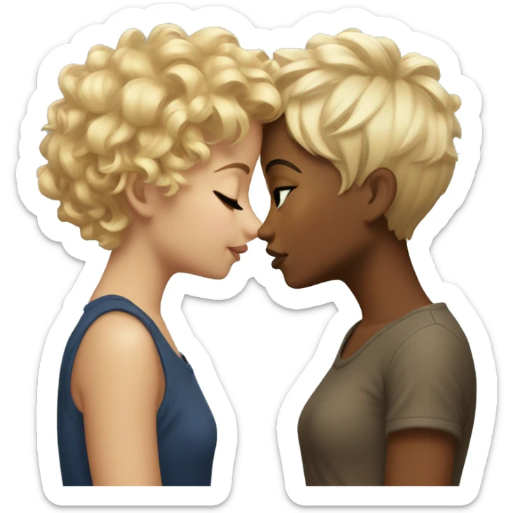 Tow girls kissing one of them have a blonde Curly hair and her skin is brown and the other is also brown skin with a pixie cut  sticker