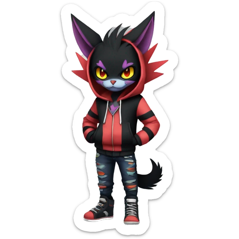 Cool Anthro Black Noibat-Quilava-Litten-Pokémon with edgy stripes hoodie spiked collar punk Full Body sticker