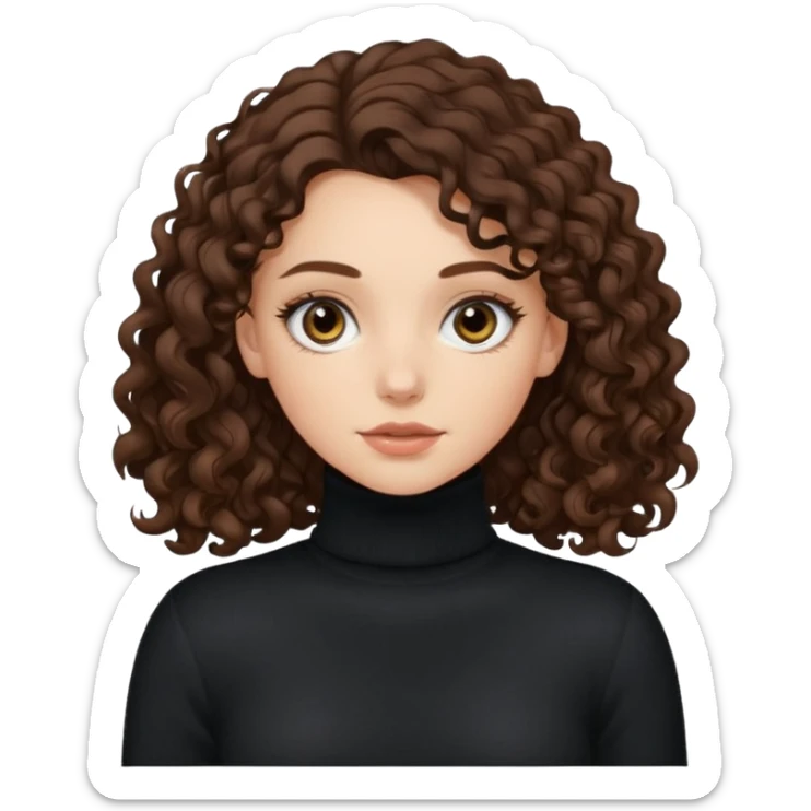 aesthetic white girl with dark brown long  long curly hair and black eyes  , black turtle neck sweater top sticker