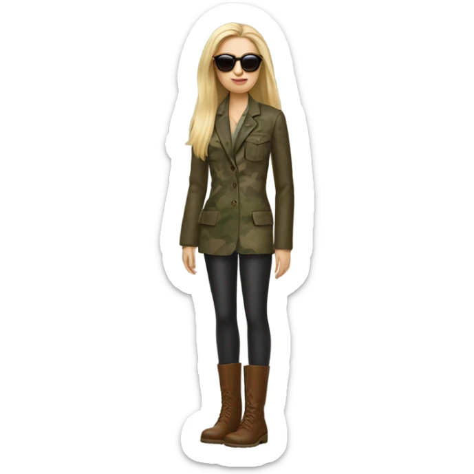 Realistic White woman with Long straight blonde hair and round sunglasses, camouflage Wool oversize blazer, bare legs and Brown leather boots  sticker