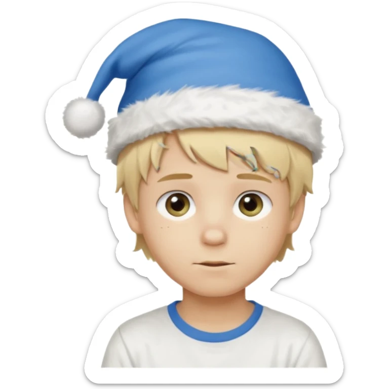 create boy blonde hair long messy, light eyes, white t shirt, rich, long hair, eyes blue, acessory head cristimas blue hat, fluffy hair medium long hair sticker