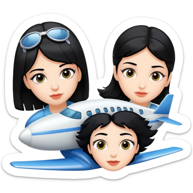 Two girls and 1 boy with black hair flying on a pair of eyelashes like an airplane but it’s just one big eyelashes  sticker