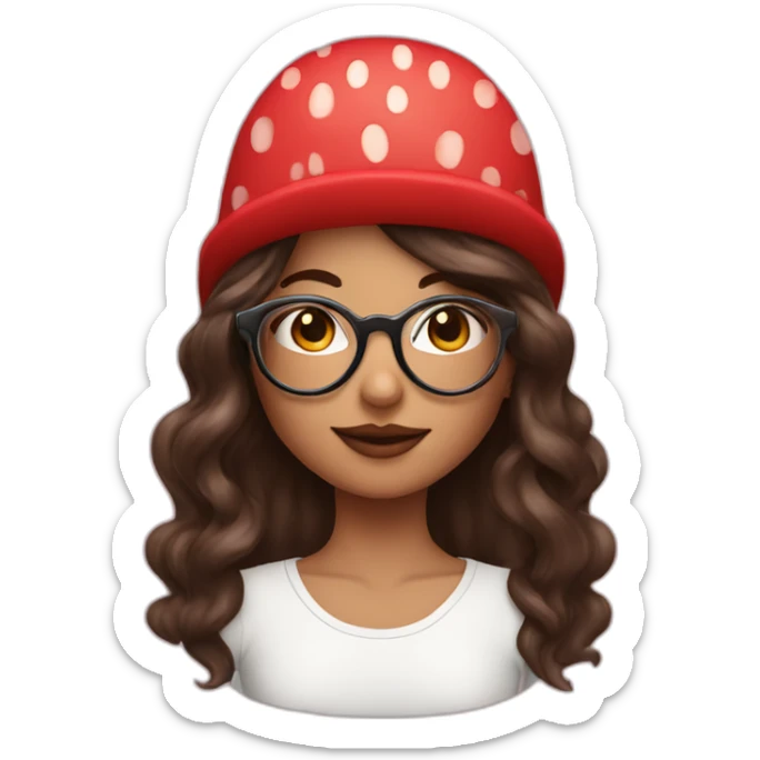 Brunette girl with circle glasses and long wolf cut hair and strawberry hat sticker