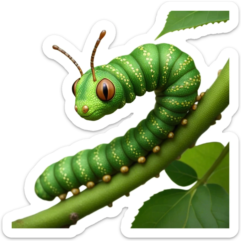 Cinematic Realistic Noble Caterpillar Portrait Emoji, Poised and serene, with a slender, segmented body covered in vivid, detailed green scales accented by subtle natural patterns, and a tiny, focused face with delicate, inquisitive eyes, rendered with lifelike texture and soft natural lighting, high shine, intelligent and delicate, styled with an air of woodland elegance, focused and attentive, soft glowing outline, capturing the essence of a watchful and confident looper caterpillar that appears ready to inch gracefully out of the screen with natural authority! sticker