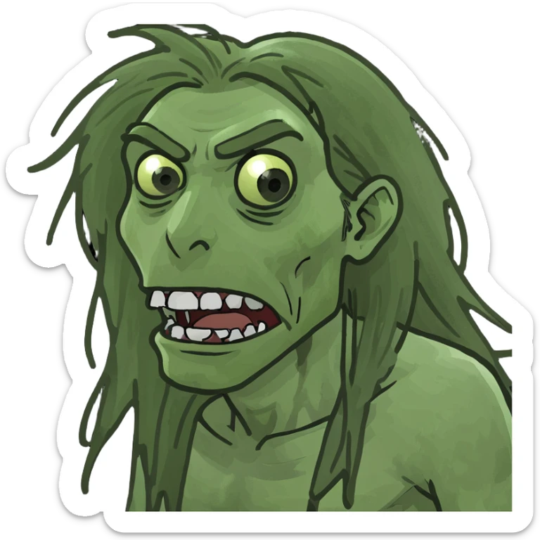 Make a zombie emoji with long disheveled hair in the style of an iPhone emoji sticker