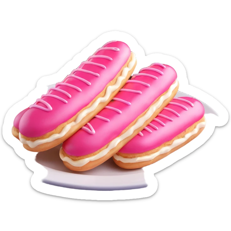 3D iOS-style illustration of three eclairs with pink glaze and cream on a plate, extra glossy and reflective, with a soft shadow, no background. sticker