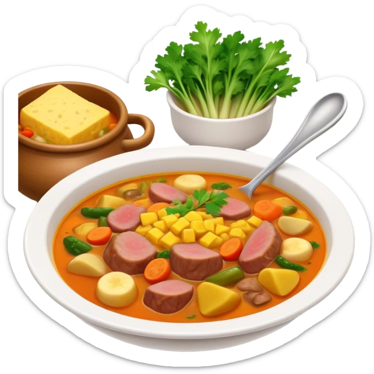Cinematic Realistic Sancocho Soup Dish Emoji, featuring a rich, hearty stew with diverse meats and vegetables rendered with lifelike detail and warm, comforting lighting. sticker