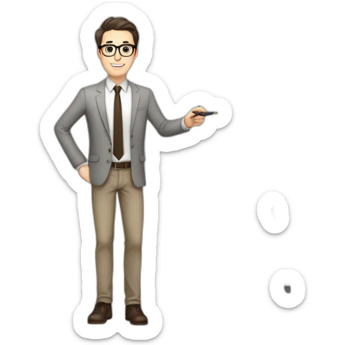 Pale skinned fit man with dark brown hair in gray jacket, beige office shirt, brown tie, brown pants and vintage glasses Writing text on a marker board sticker