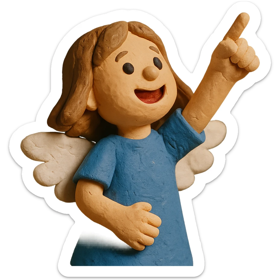 girl with light brown shoulder-length hair and white wings joyfully pointing to the sky sticker