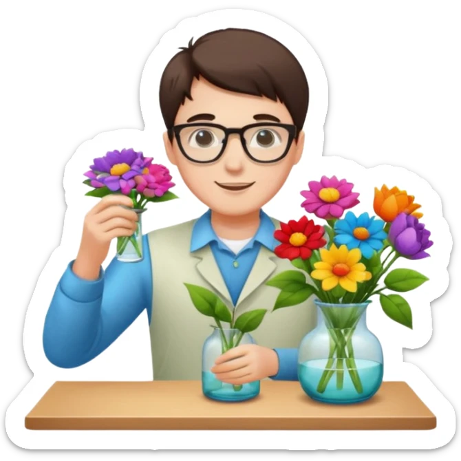 Young male florist – wearing glasses, arranging flowers in a vase. sticker