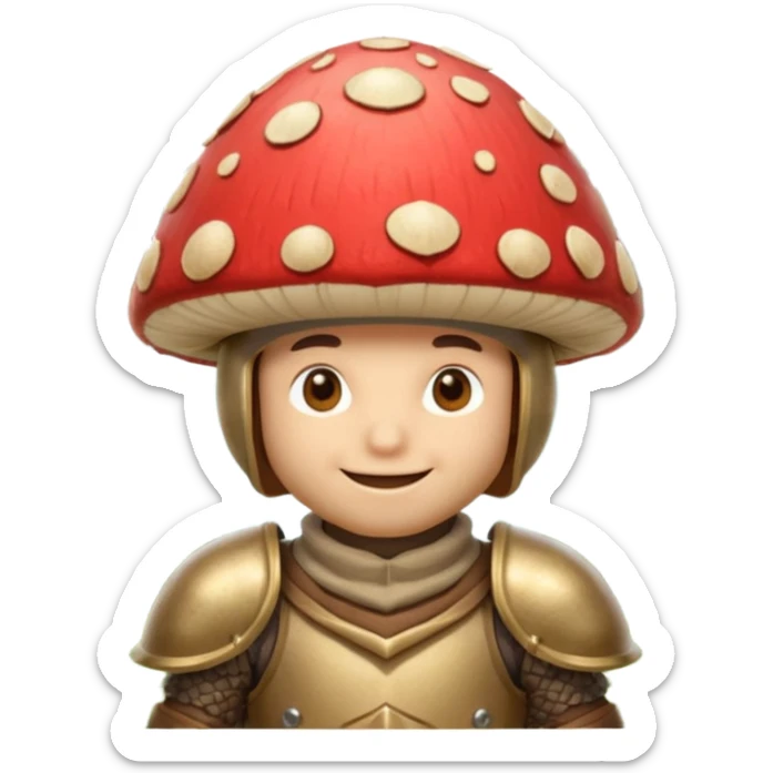 mushroom knight portrait, head and shoulders only, helmet made entirely of a large mushroom cap, textured mushroom surface, tiny fantasy armor collar, heroic smile, magical forest vibe, 3D cartoon, mobile game icon style, clean background, no text, no watermark
 
 sticker