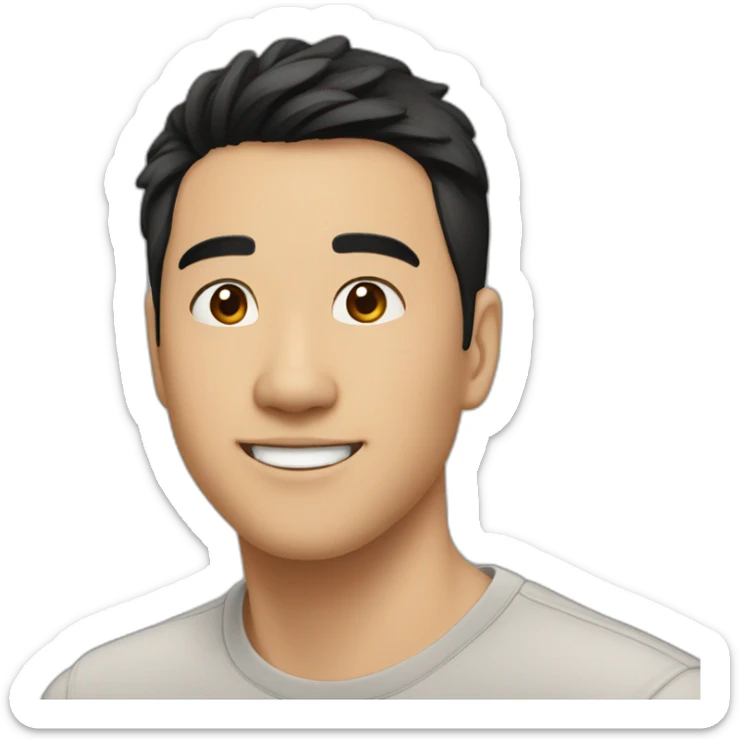 guy, black hair, medium length hair, in his 20s, very asian, smiling, t-shirt only, slight brown skin, hunter eyes sticker