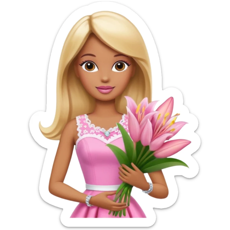 Brown skin blonde hair barbie with baby pink lily bouquet  sticker