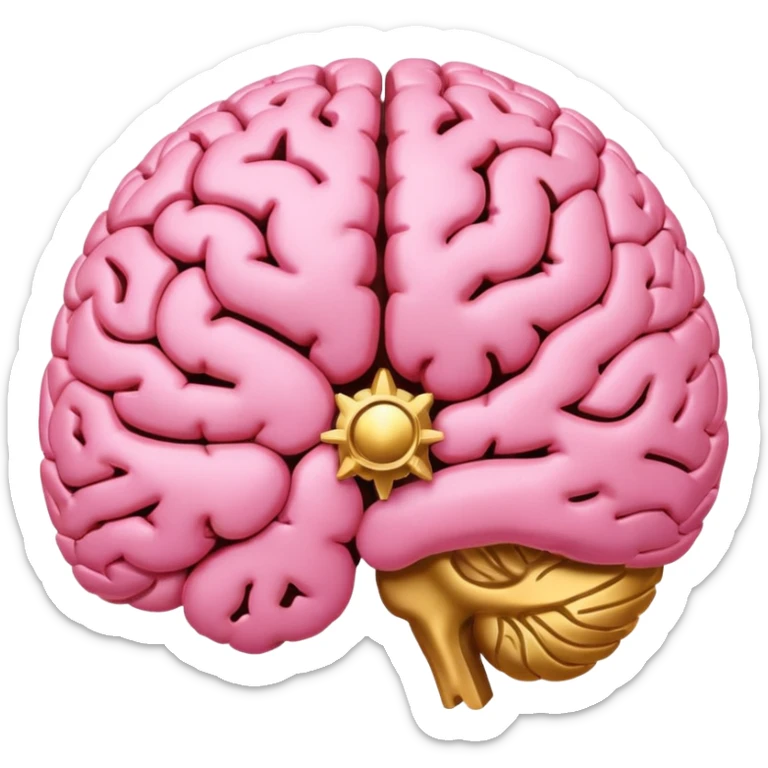 A pink brain with elegant golden details and accents. In the center of the brain, there's a clean, empty space or hollow area, as if a part is carved out. sticker