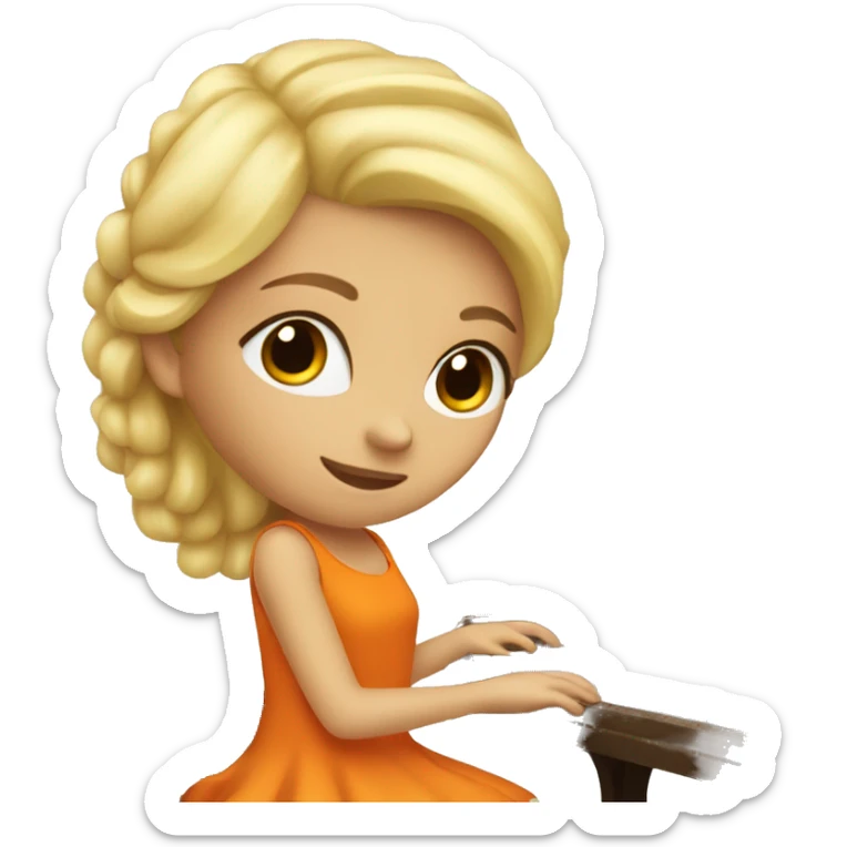 Blonde girl wearing an orange dress playing a brown upright piano sticker