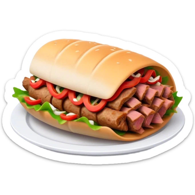 Cinematic Realistic Doner Kebab Dish Emoji, showcasing succulent, spiced meat shaved from a rotating spit rendered with lifelike detail and dynamic, appetizing lighting. sticker