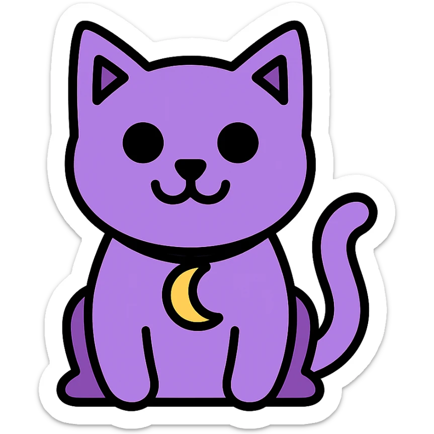 purple cat with large black eyes, wide black smile with no teeth, gold moon pendant on its neck, modern icon style sticker