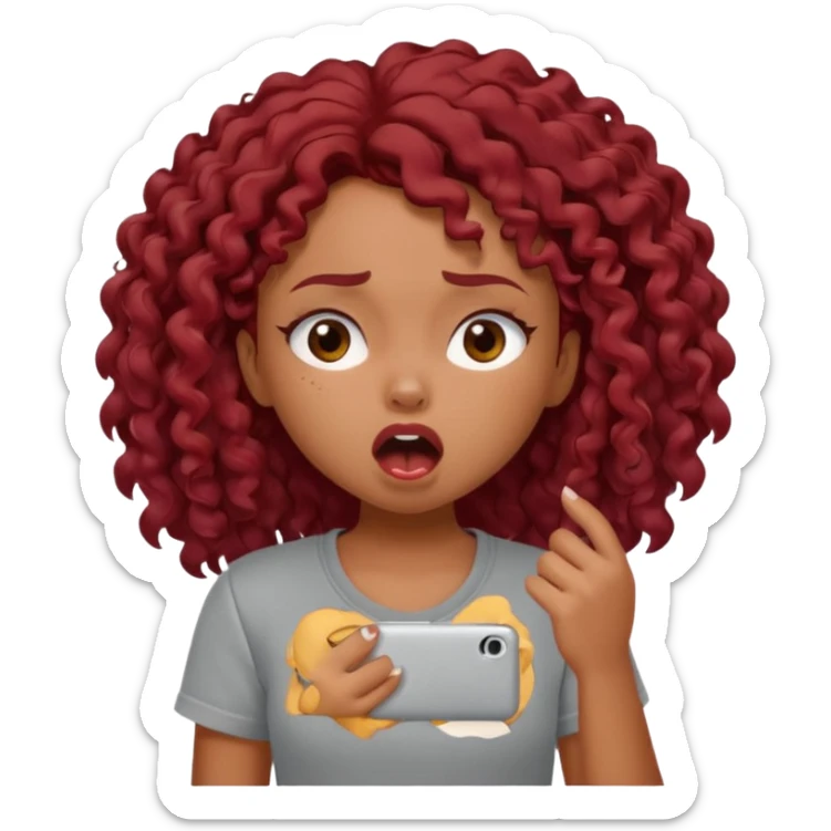 generate a pretty bratz brown skinned girl curly dark red hair, yawning in a grey tshirt bored. sticker