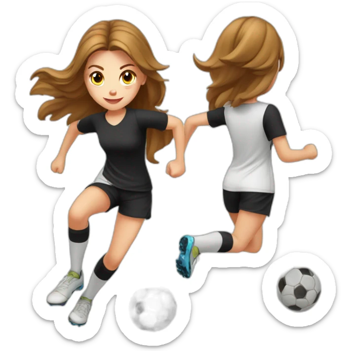 Caucasian girl with brown long hair running with a soccer ball wearing White short and black shorts sticker