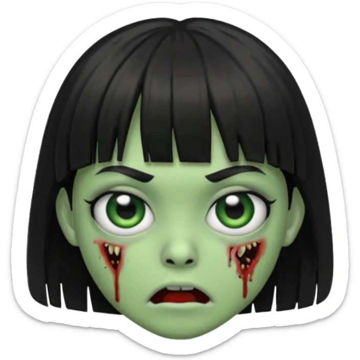 scary zombie emoji, green skin, medium black hair with bangs, wide eyes sticker