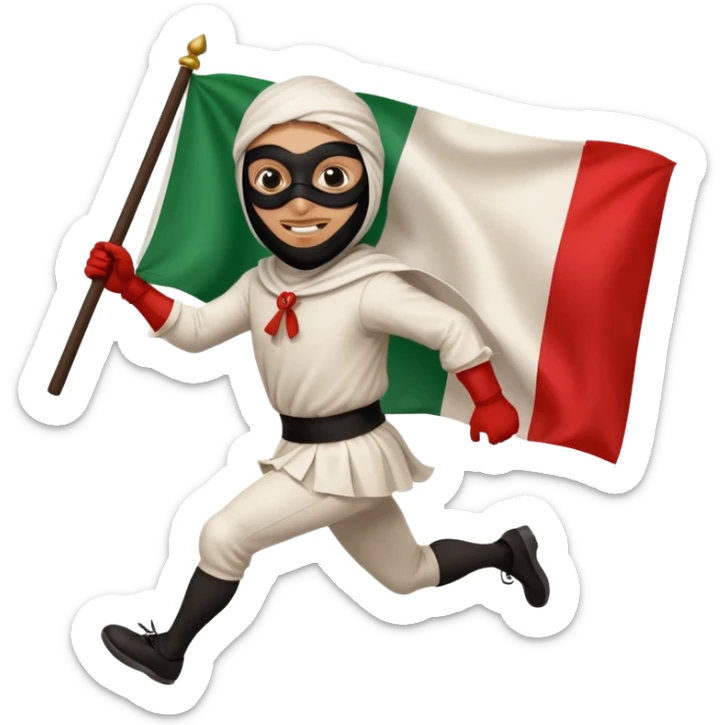 pulcinella con la maschera nera con bandiera italiana che corre sticker