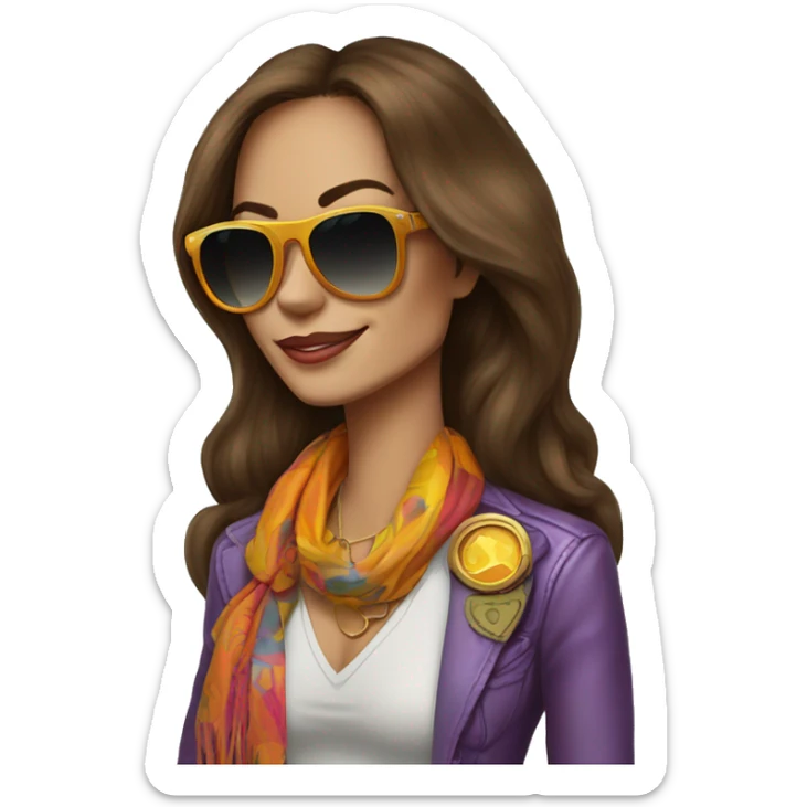 70's rockstar woman with bell-bottoms, long brown hair, a t-shirt tucked into the bell bottom jeans and a belt. She is wearing aviators and a 70's rockstar colorful scarf and colorful blazer  sticker