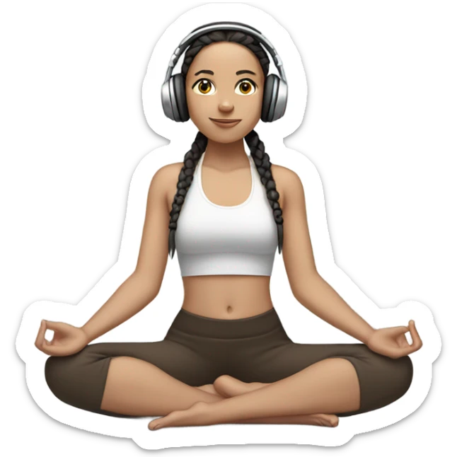 pale girl with dark brown braids doing sitting yoga pose with headphones on listening to musik  sticker