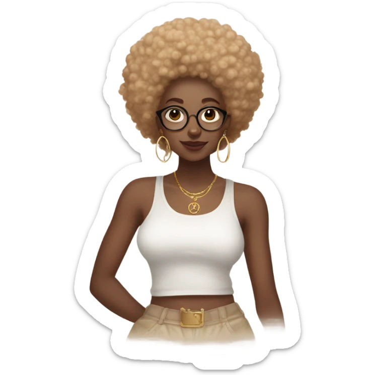 Natural Afro,modest long cami skirt,and graphic t shirt,clear glass ,white nails,golden rings  sticker