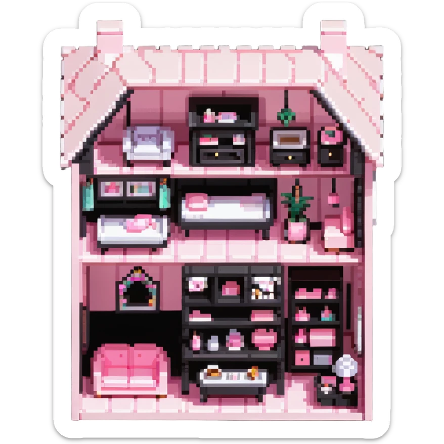 cute pastel pink dollhouse with miniature furniture sticker