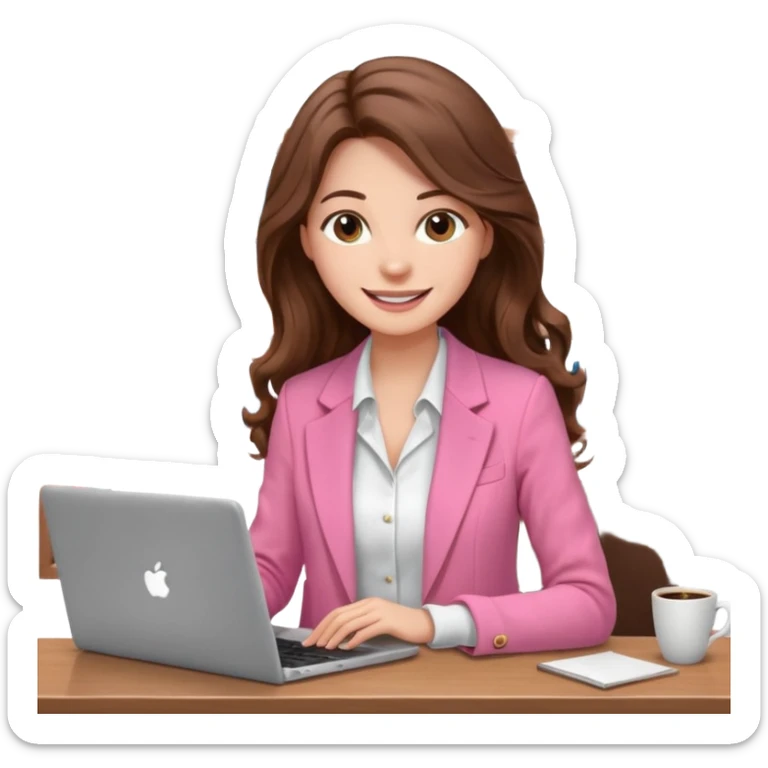 smiling woman with long wavy brown hair, pink blazer, white top, holding coffee and working on laptop — cozy home office background sticker