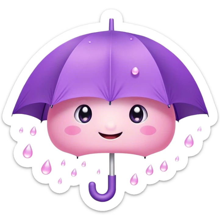Cute Kawaii Umbrella, small and cute, soft pastel pink and purple, tiny rain droplets smiling down, a chubby round handle, big sparkling eyes full of joy! sticker