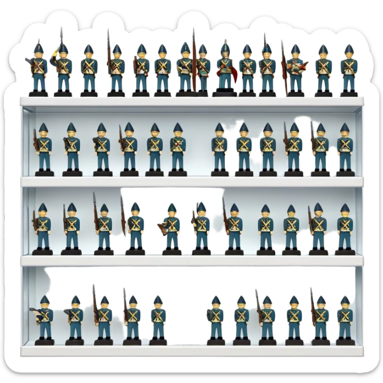 Icon for Miniature Collecting: a collection of finely detailed miniature items such as tiny colorful army of soldiers, ships and accessories, neatly displayed on a shelf or in a display case. The icon should convey the intricacy and charm of collecting miniature objects. Transparent background. sticker