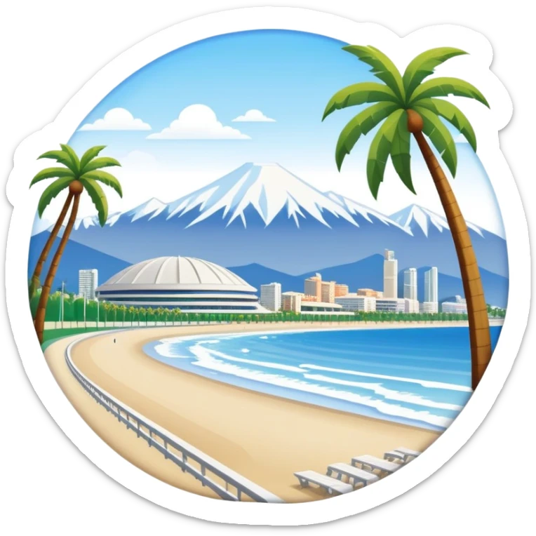 A vibrant emoji of Sochi, featuring a sunny beach with palm trees, snow-capped mountains in the background, and a small Olympic stadium, capturing the city's unique blend of seaside and mountain vibes. sticker