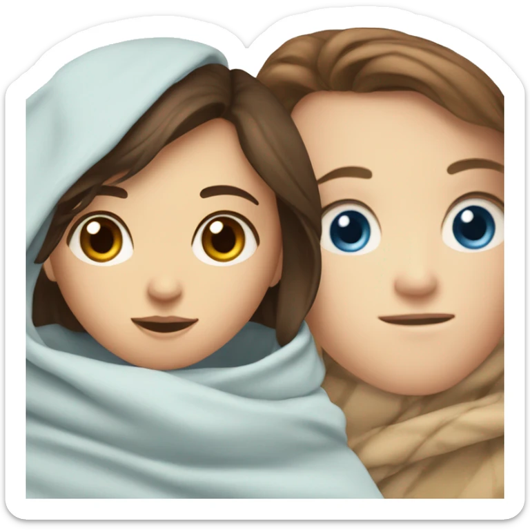 Brunette white girl with blue eyes in a blanket with boy with brown eyes  sticker