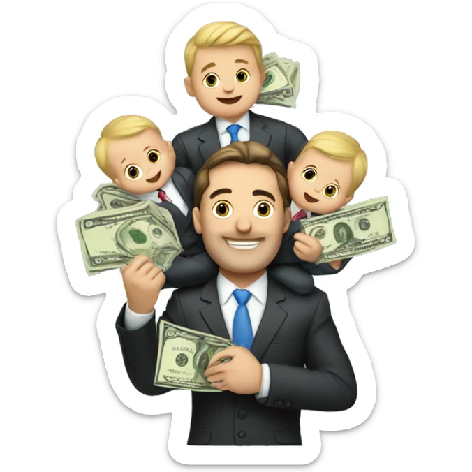 a businessman holding two babies, he's dangling cash over their heads with 2 other arms sticker