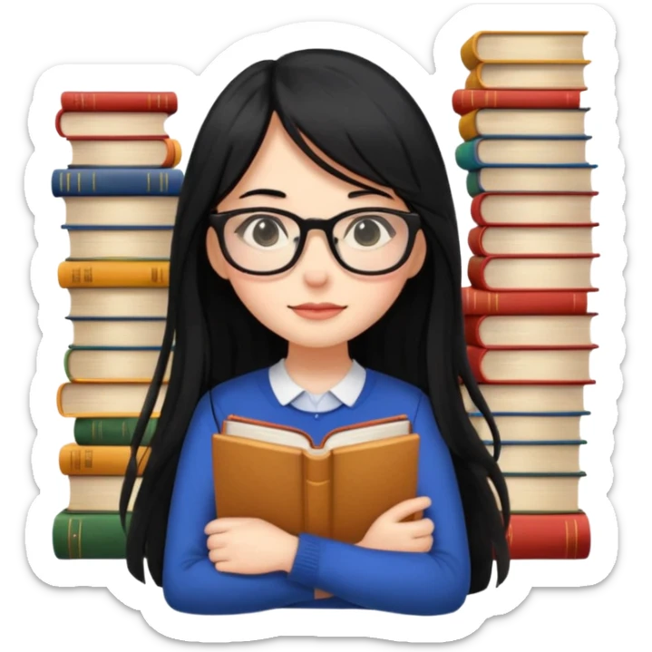 lecture girl with fringe long black color hair with lots of books sticker