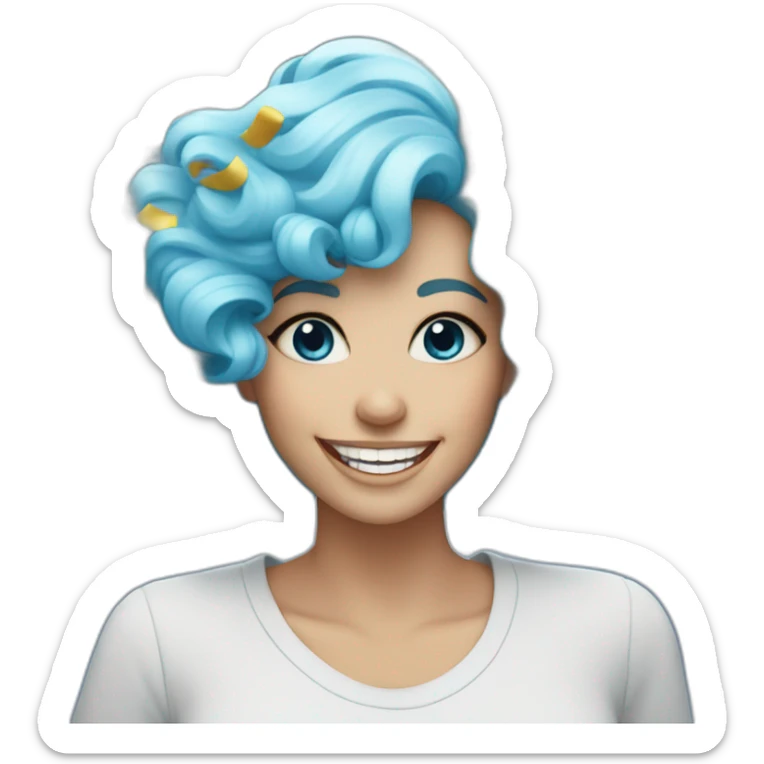 woman with blue wavy hair, blue eyes, white skin, big grin and confetti sticker