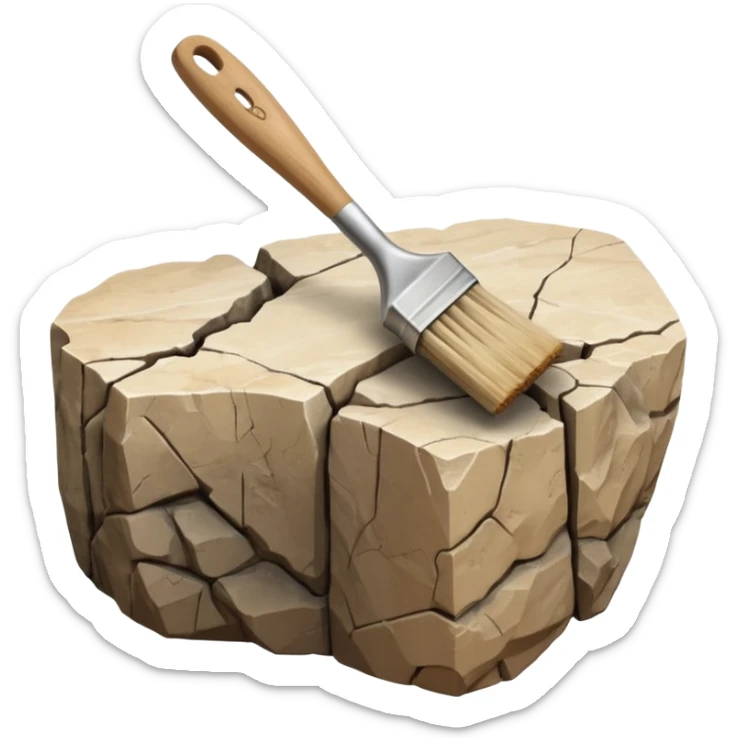 3D render of Archeology Brush, embedded in a chunk of rough sedimentary rock, cracked stone texture, ancient fossil aesthetic,pale wooden handle with dusty beige bristles, matte dry finish, Apple emoji style, isolated on white background --v 6.0. sticker