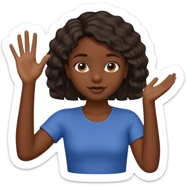 A dark-skinned girl with short, wavy hair raises her right hand 😜 and makes the same emoji movements sticker