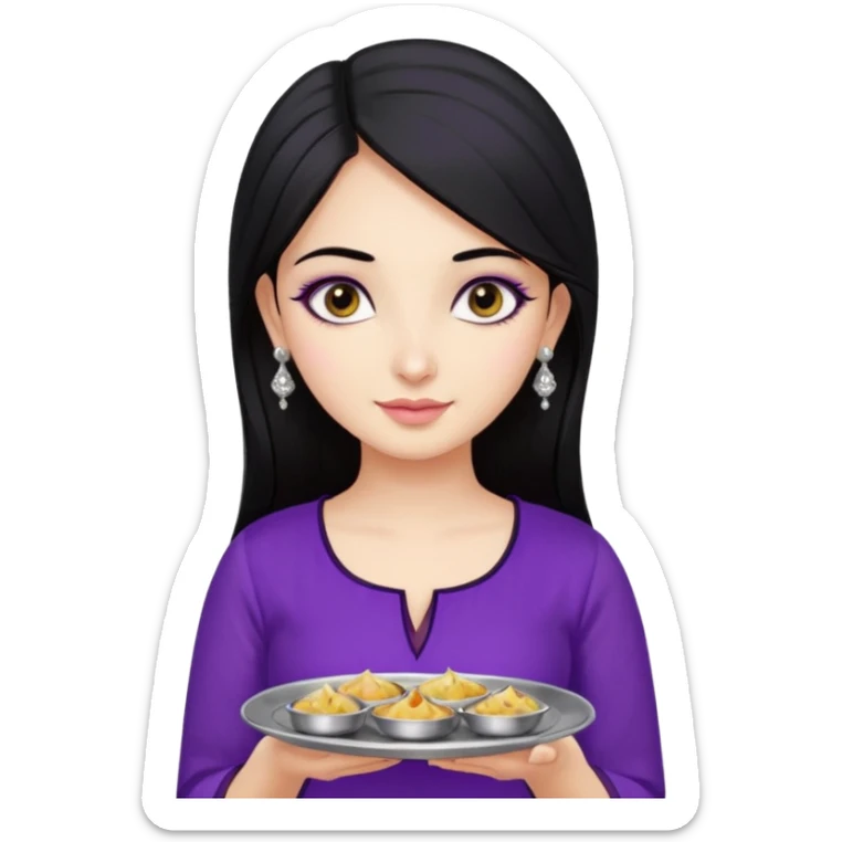 a pretty bratz girl with straight black hair, wearing a purple kurti, silver jhumkas, eyeliner, carrying a plate of momos. No necklace or bindi sticker