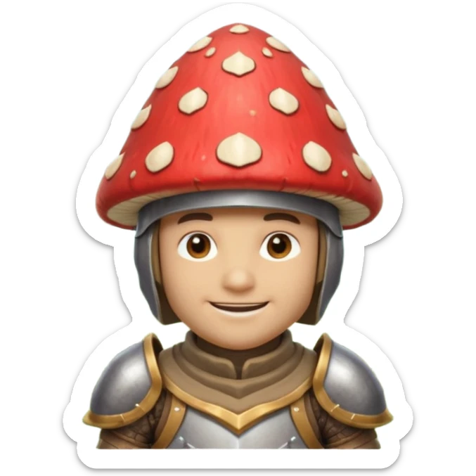 mushroom knight portrait, head and shoulders only, helmet made entirely of a large mushroom cap, textured mushroom surface, tiny fantasy armor collar, heroic smile, magical forest vibe, 3D cartoon, mobile game icon style, clean background, no text, no watermark
 
 sticker