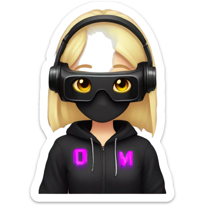 Russian cute blond student girl wearing black hoody with violet letters "OMG", in vr headset. No eyes. Cyberpunk style. Violet neon. sticker