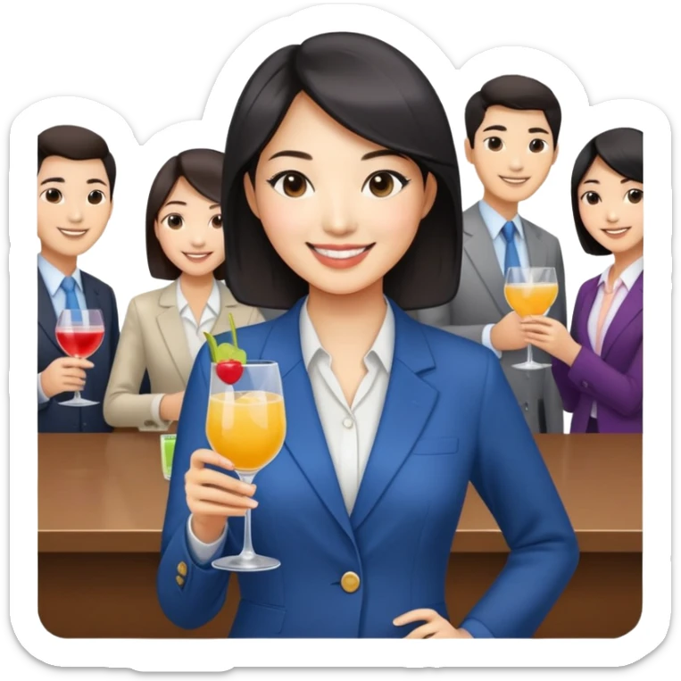 asian women business casual clothing, smilingholding cocktail glass socializing at a work party sticker