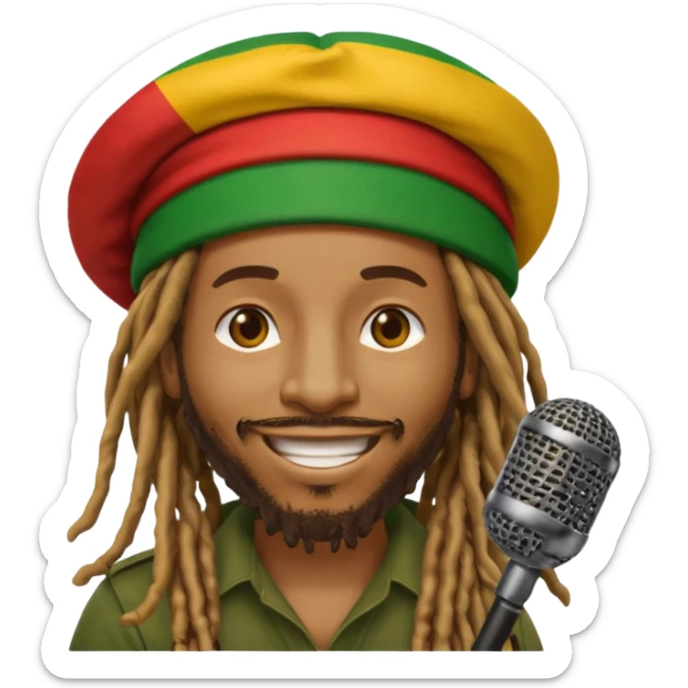Emoji sticker of reggae artist Anthony B 🧔🏾‍♂️ with dreadlocks, Rasta hat 🟥🟨🟩, smiling and holding a mic 🎤. Text says 'Big Up Anthony B!' in bold reggae font 💥🔥✊🏾 sticker